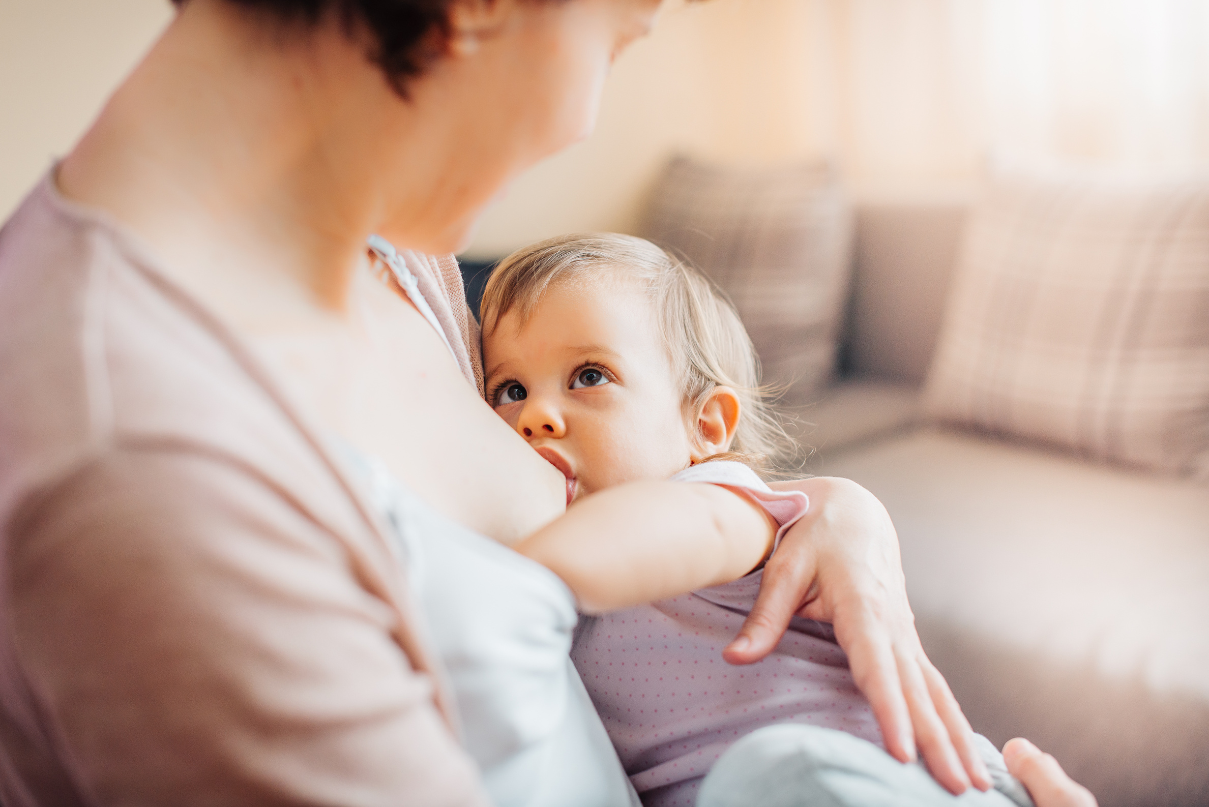 Mother breastfeeding nursing toddler looking at each other